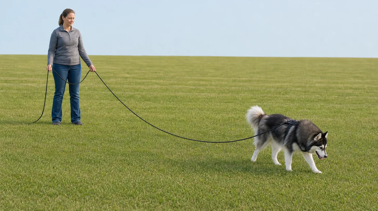 A caregiver handles a loose visible long line attached to a Pomsky harness in a clear open field