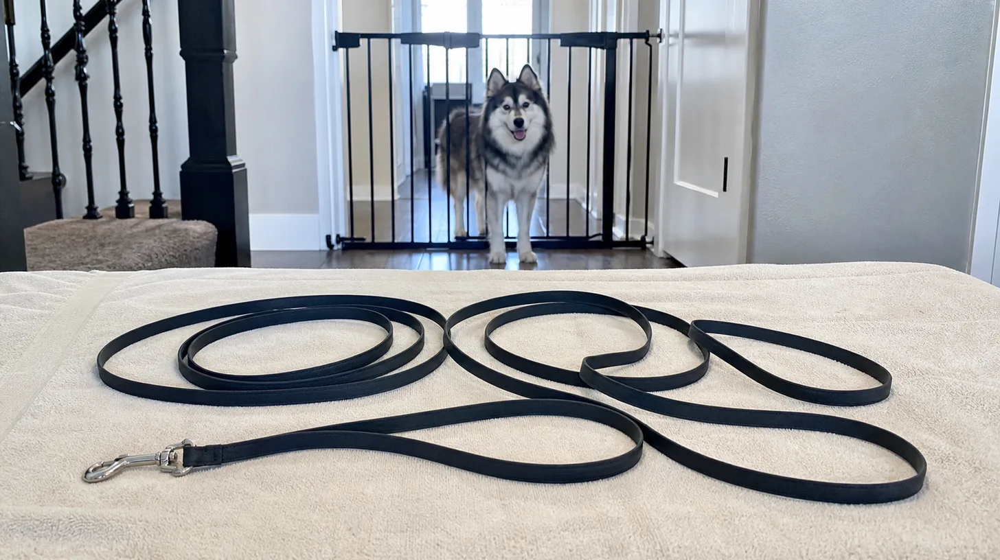 A long line lies in broad loose coils on a towel while a Pomsky waits behind a gate