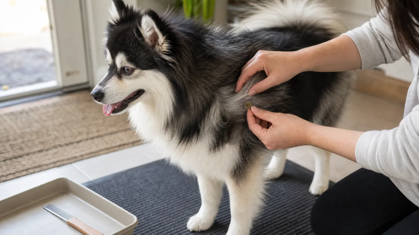 Caregiver parts a Pomsky coat and lifts one loose surface burr with fingers