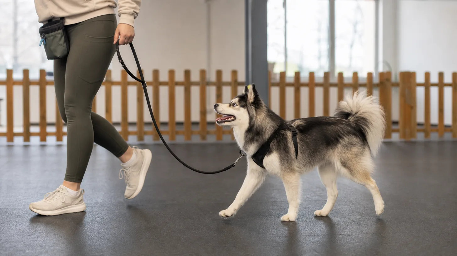 Pomsky walks beside a caregiver indoors with a visibly slack leash