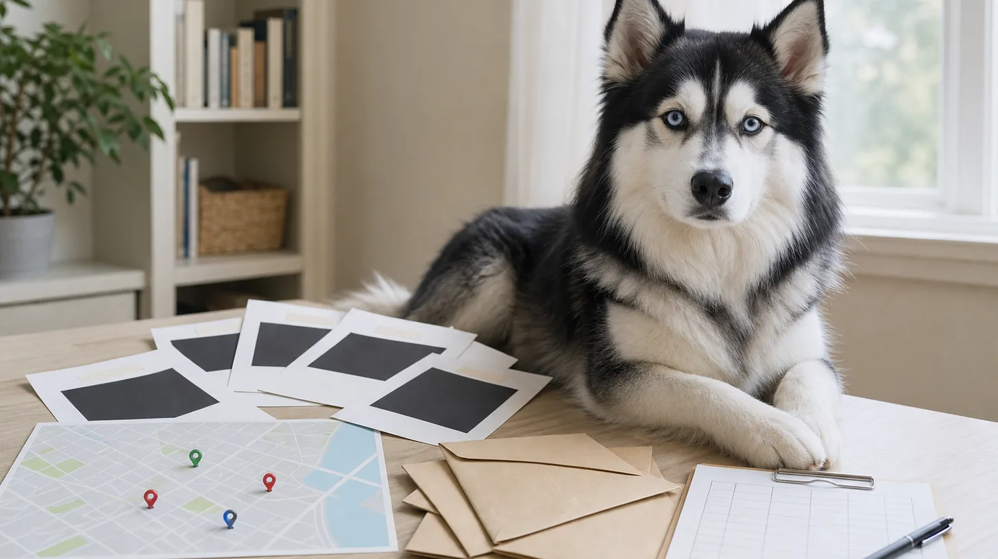 Pomsky safely home beside redacted poster cards a blank location map permission envelopes and removal grid