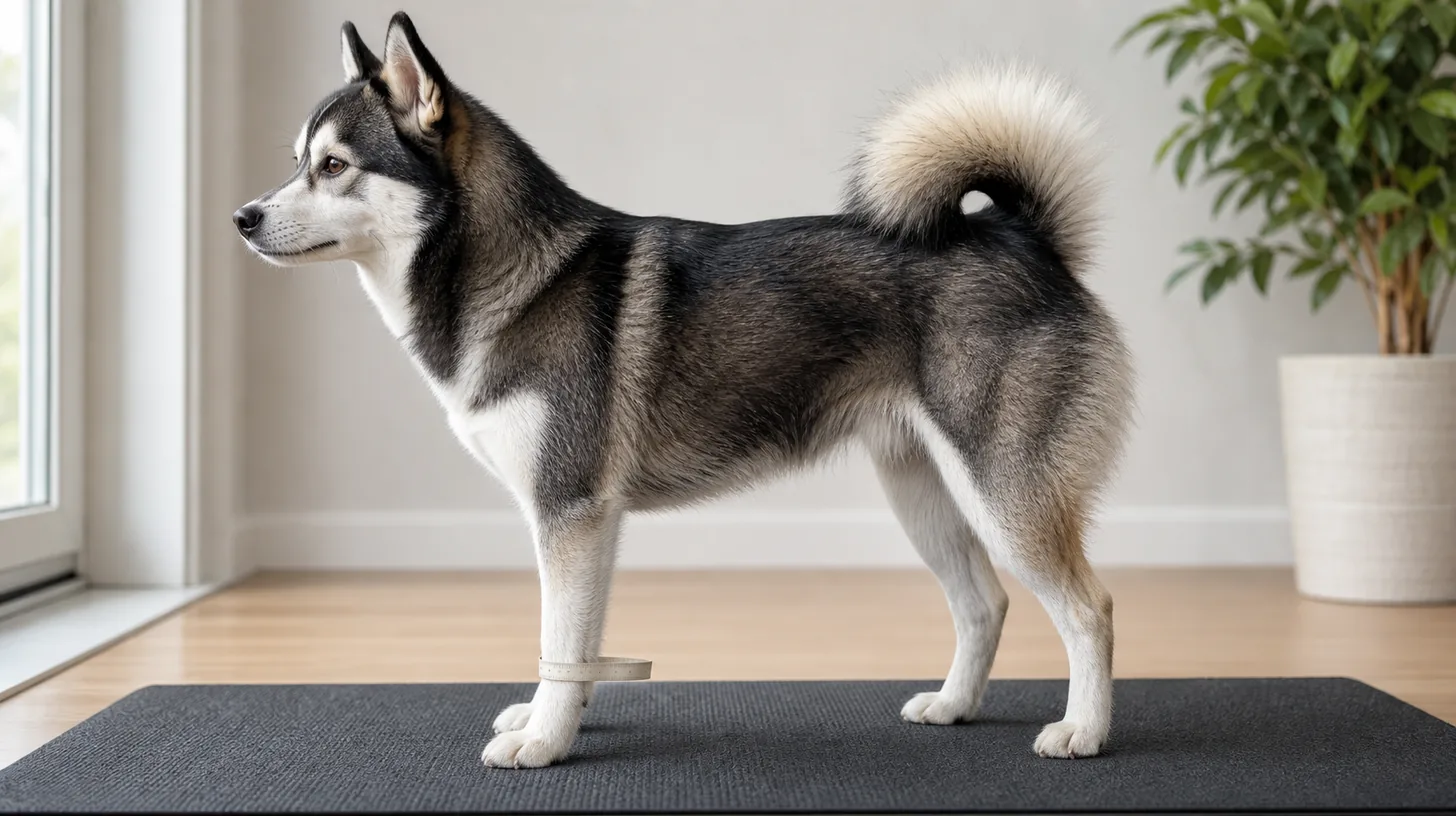 Pomsky standing square with a blank flexible tape lightly around one lower leg
