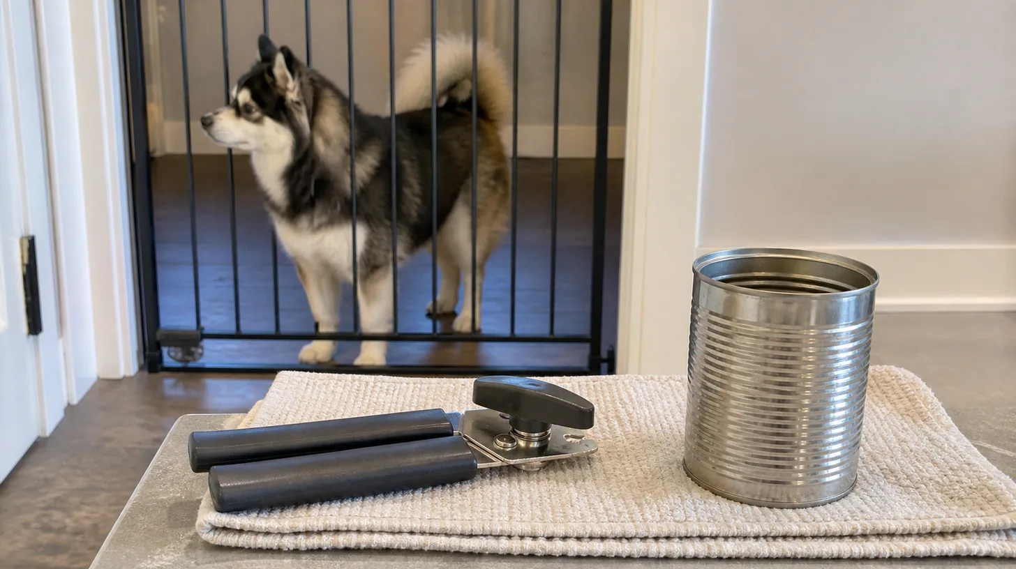 A manual can opener dries beside a clean empty can while a Pomsky waits behind a gate