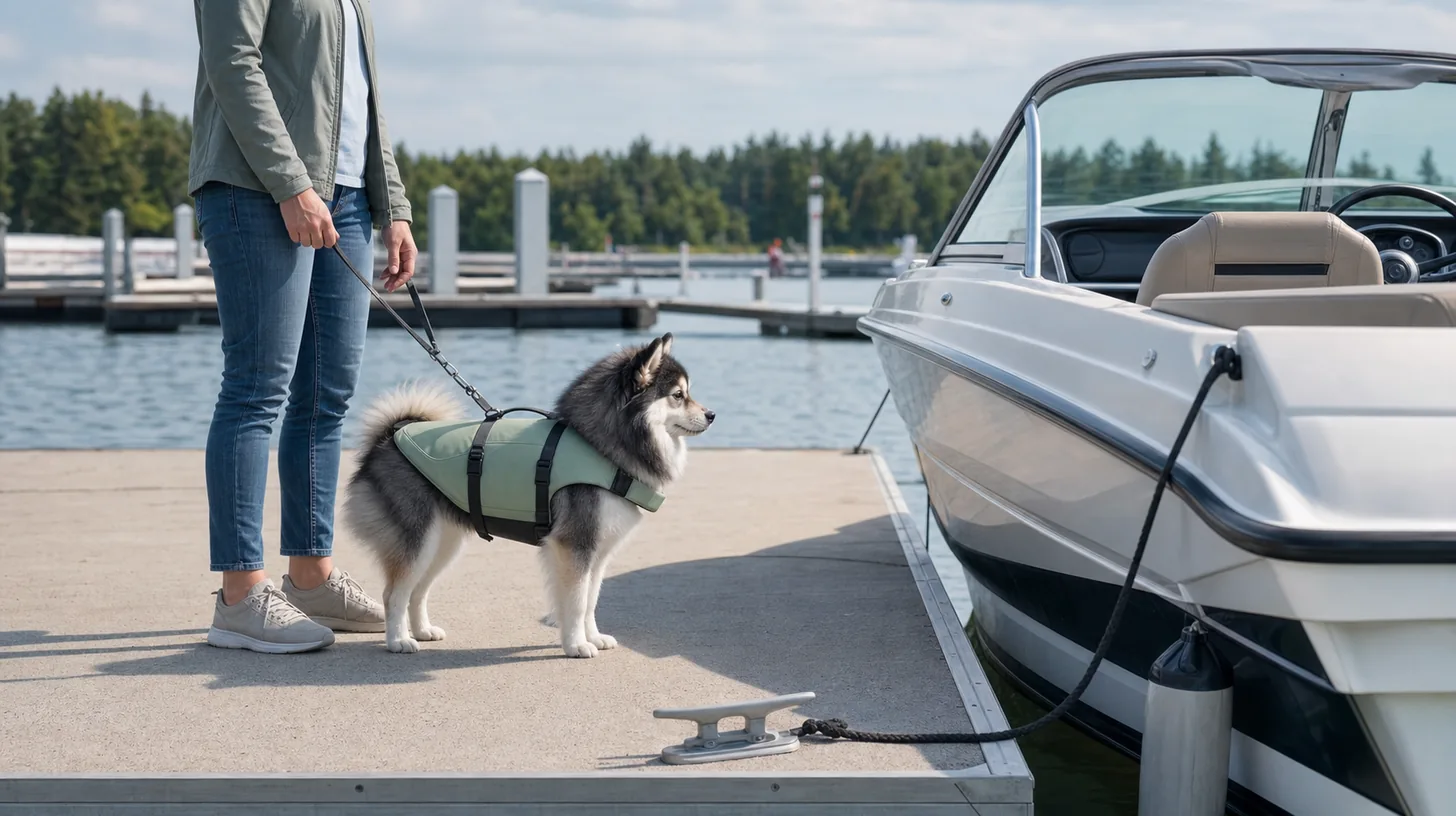 Pomsky in a fitted life jacket pauses with a caregiver on a wide dock before a secured small boat