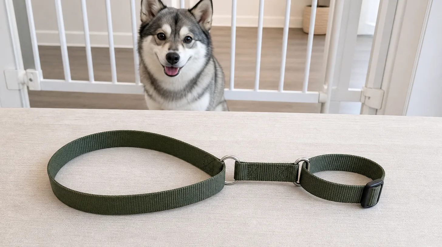 Open martingale collar showing the main loop, control loop, rings and adjuster