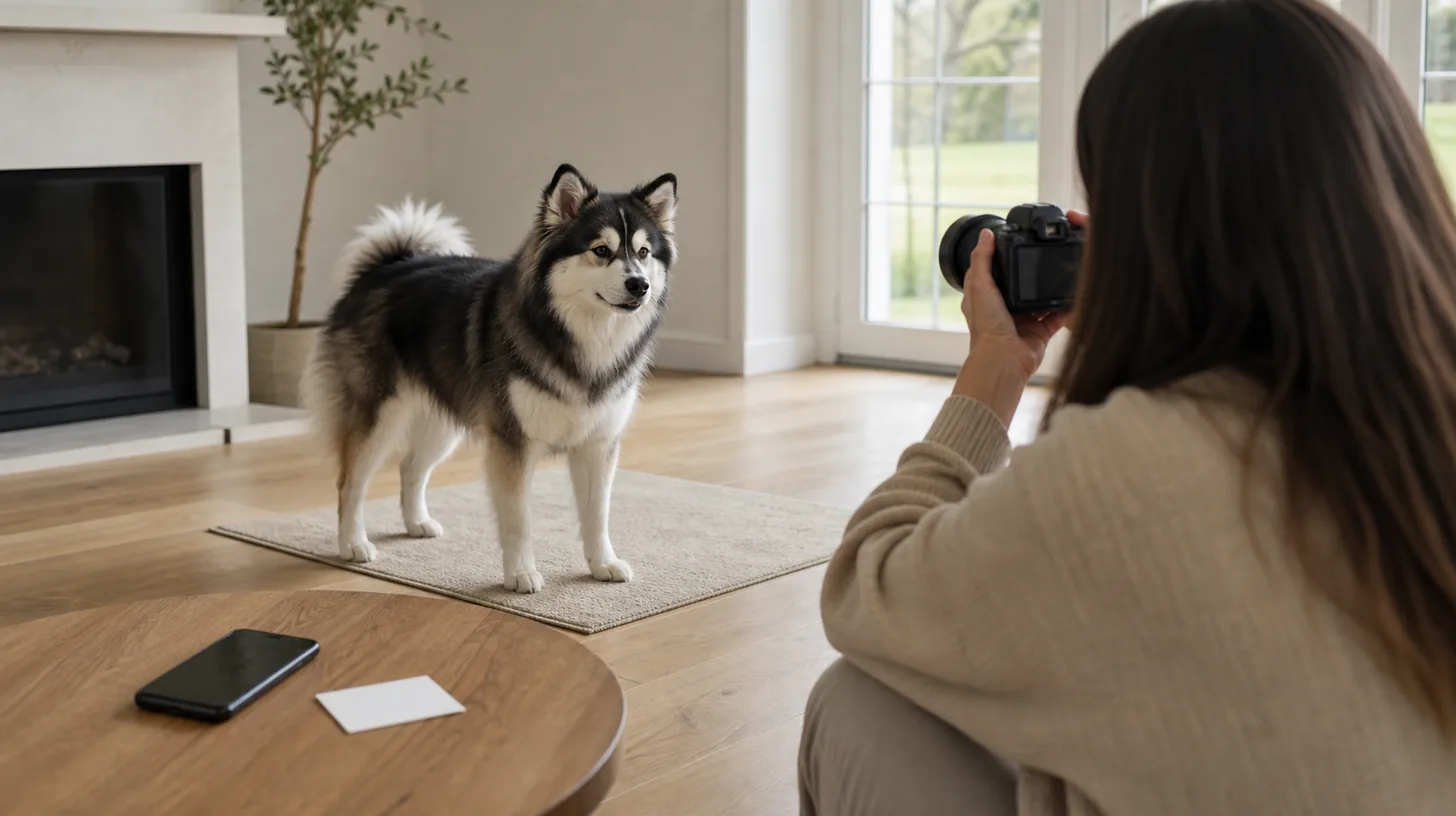 A caregiver photographs a standing Pomsky's coat from a respectful distance