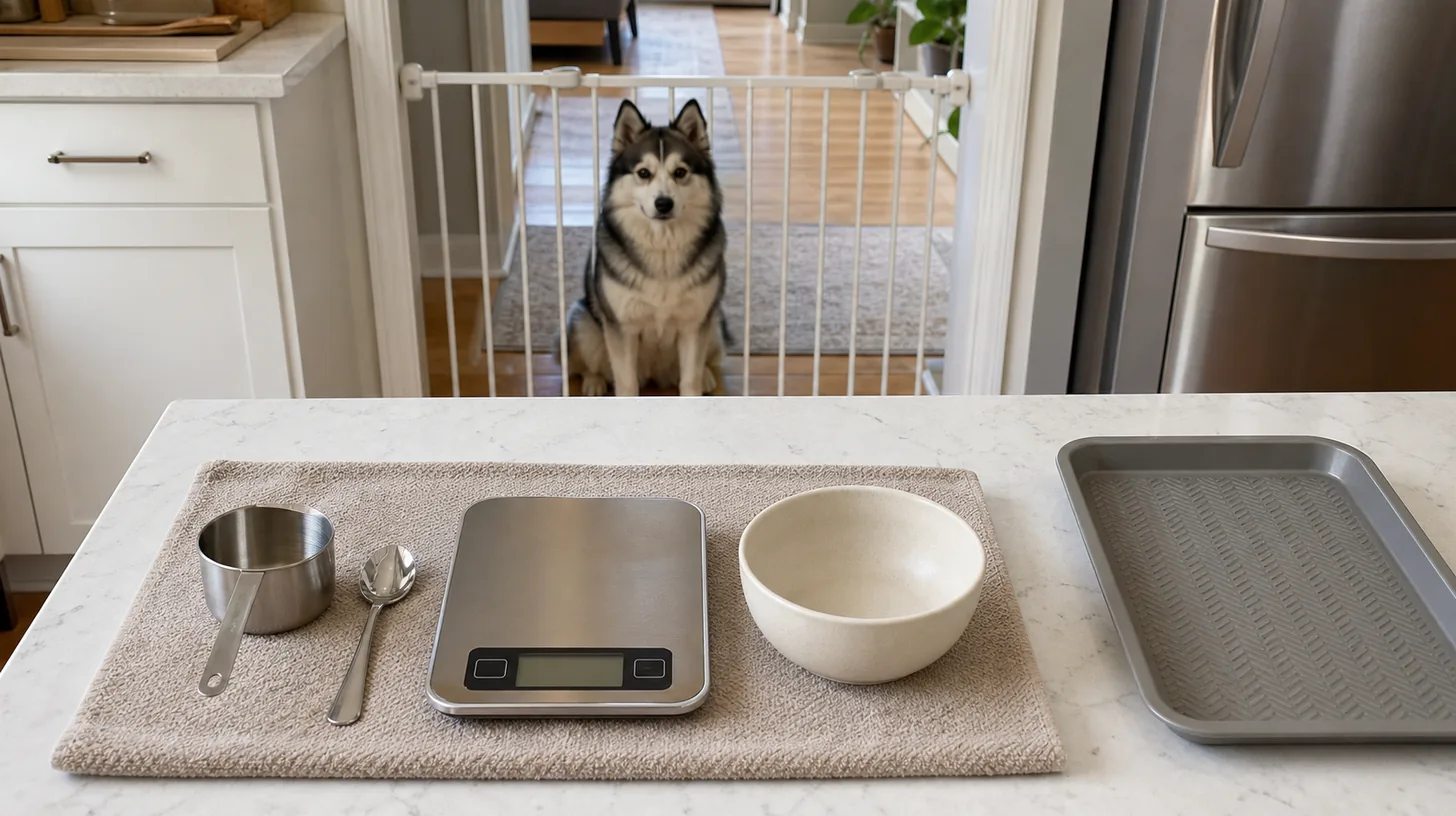 Clean dry Pomsky meal utensils sit on a towel while the dog waits behind a gate