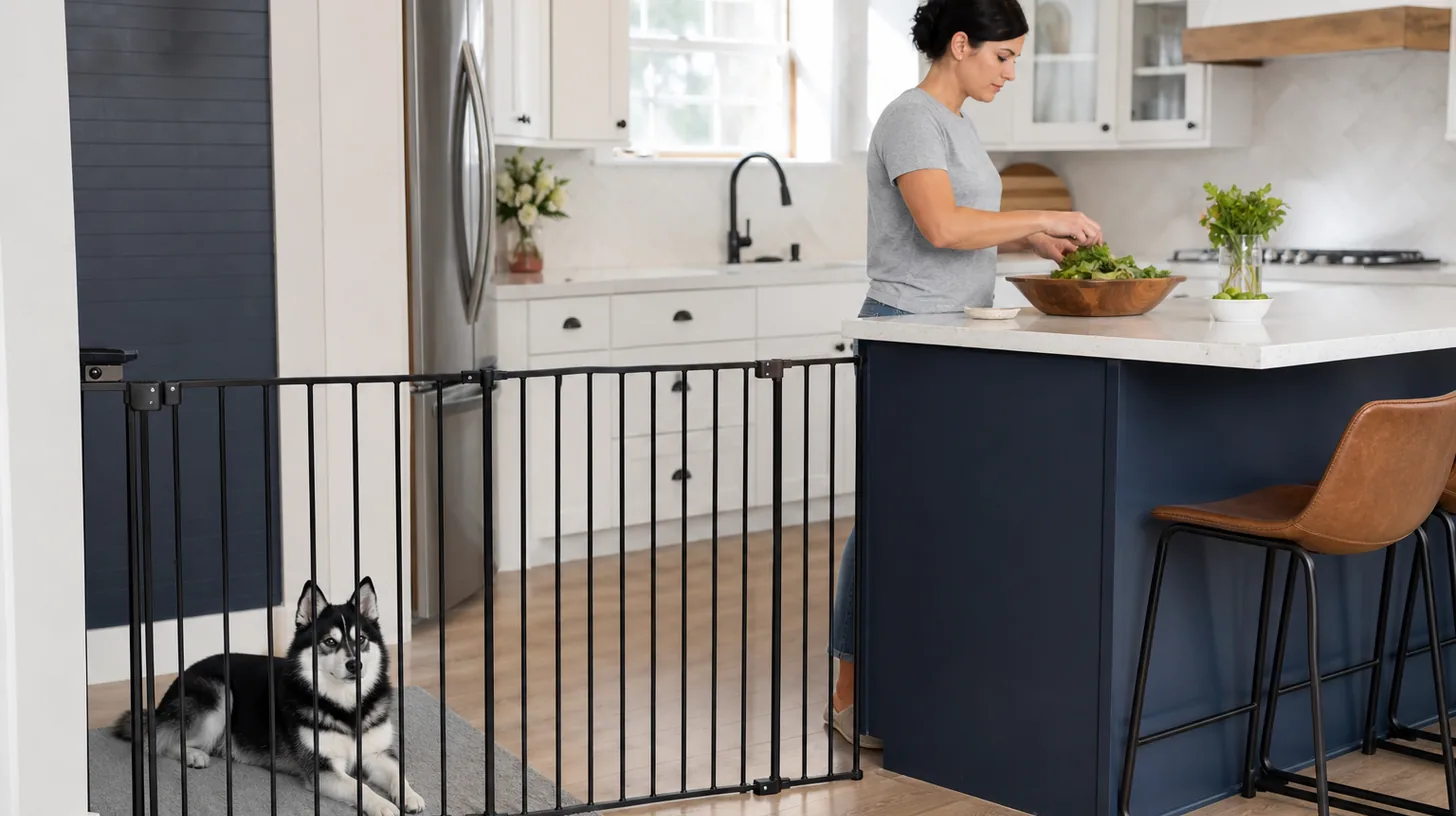 A quiet Pomsky rests behind a kitchen gate while an adult prepares food