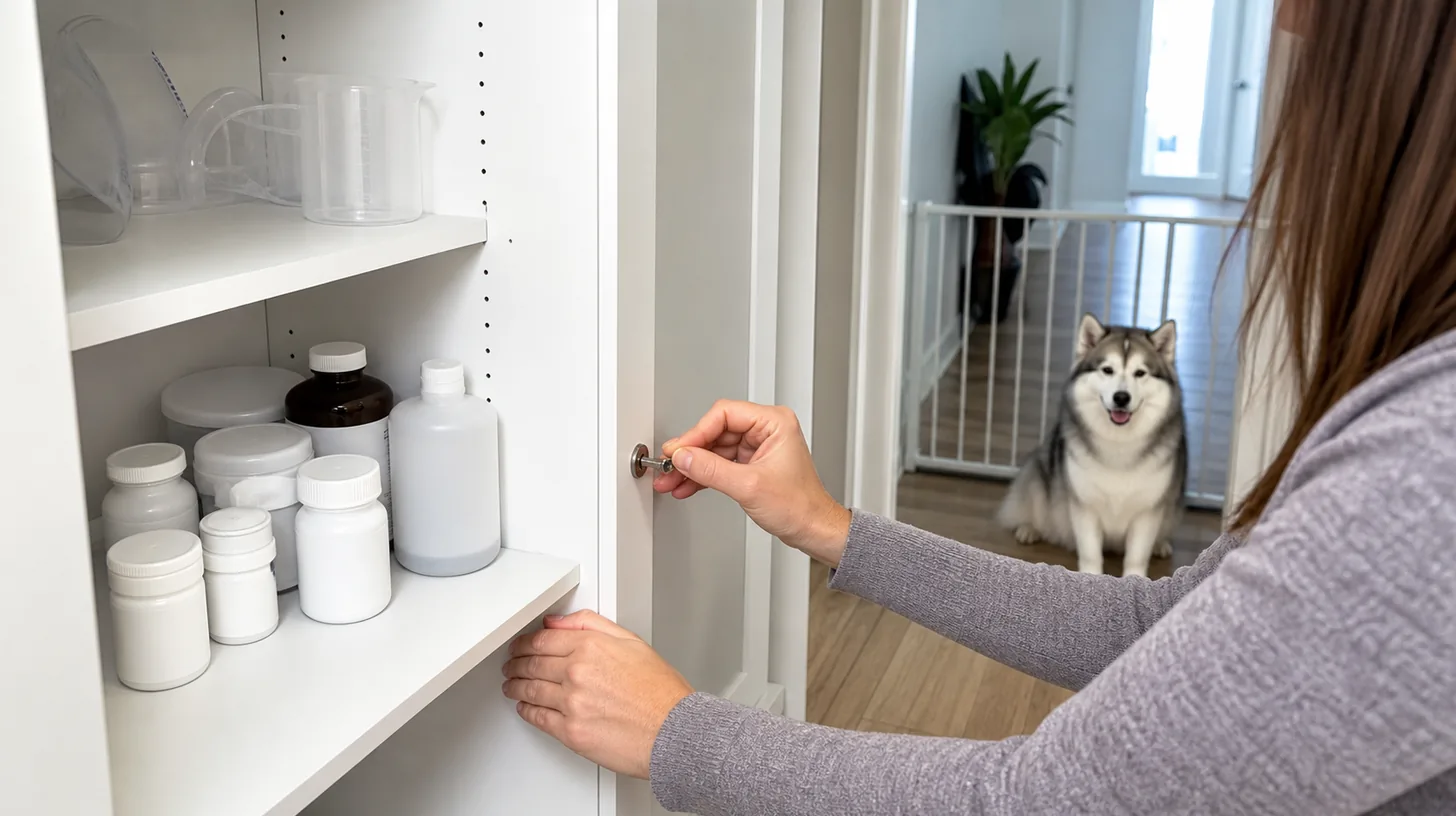 Caregiver locking plain medication containers in a cabinet away from a Pomsky