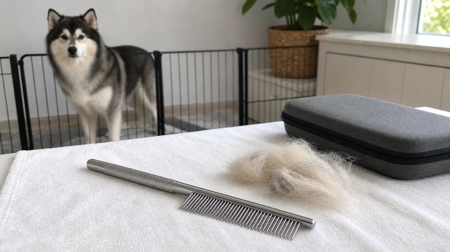 A clean metal grooming comb, removed hair and closed tool case sit away from a gated Pomsky