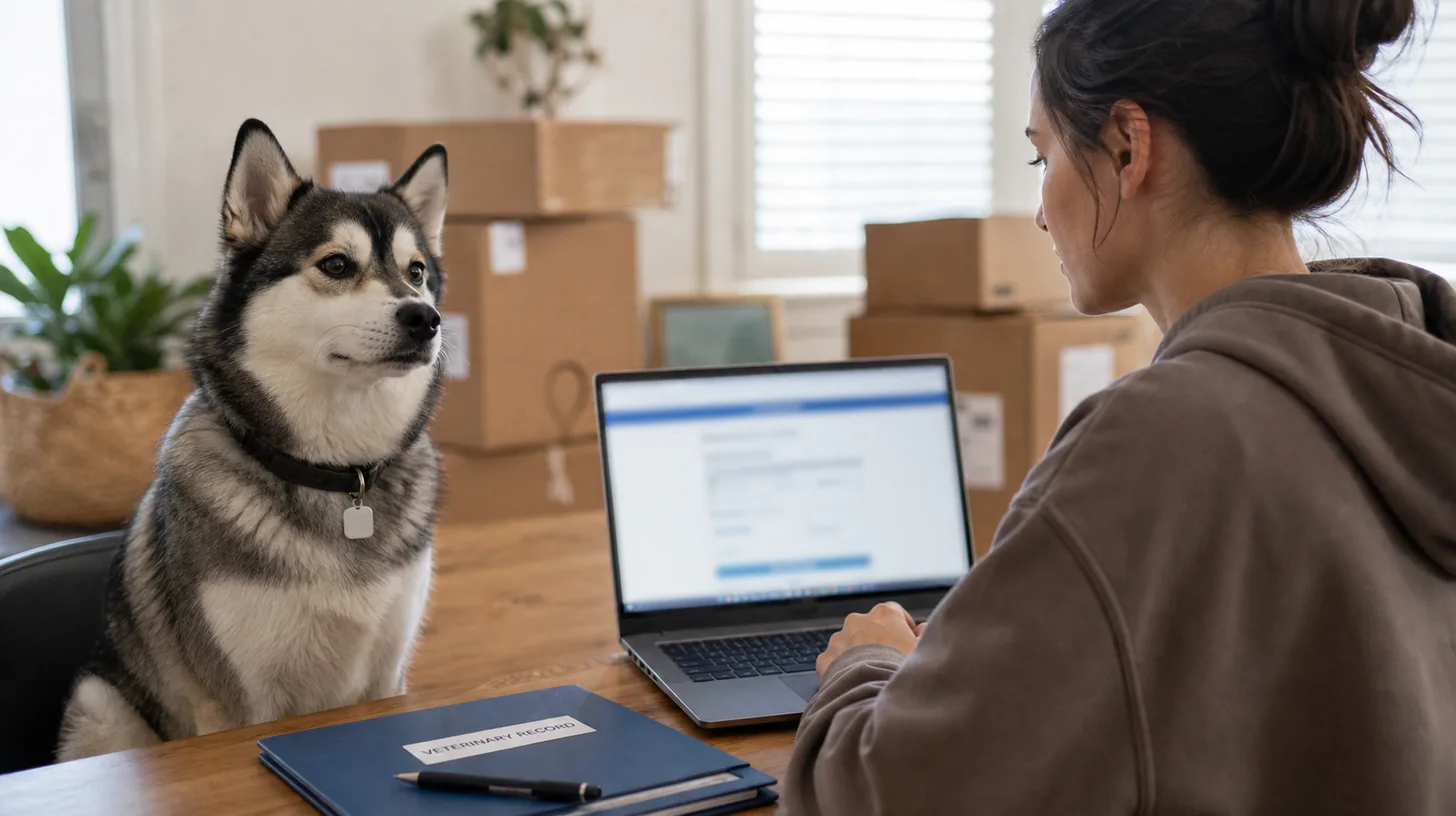 A caregiver updates a Pomsky identification record after moving house