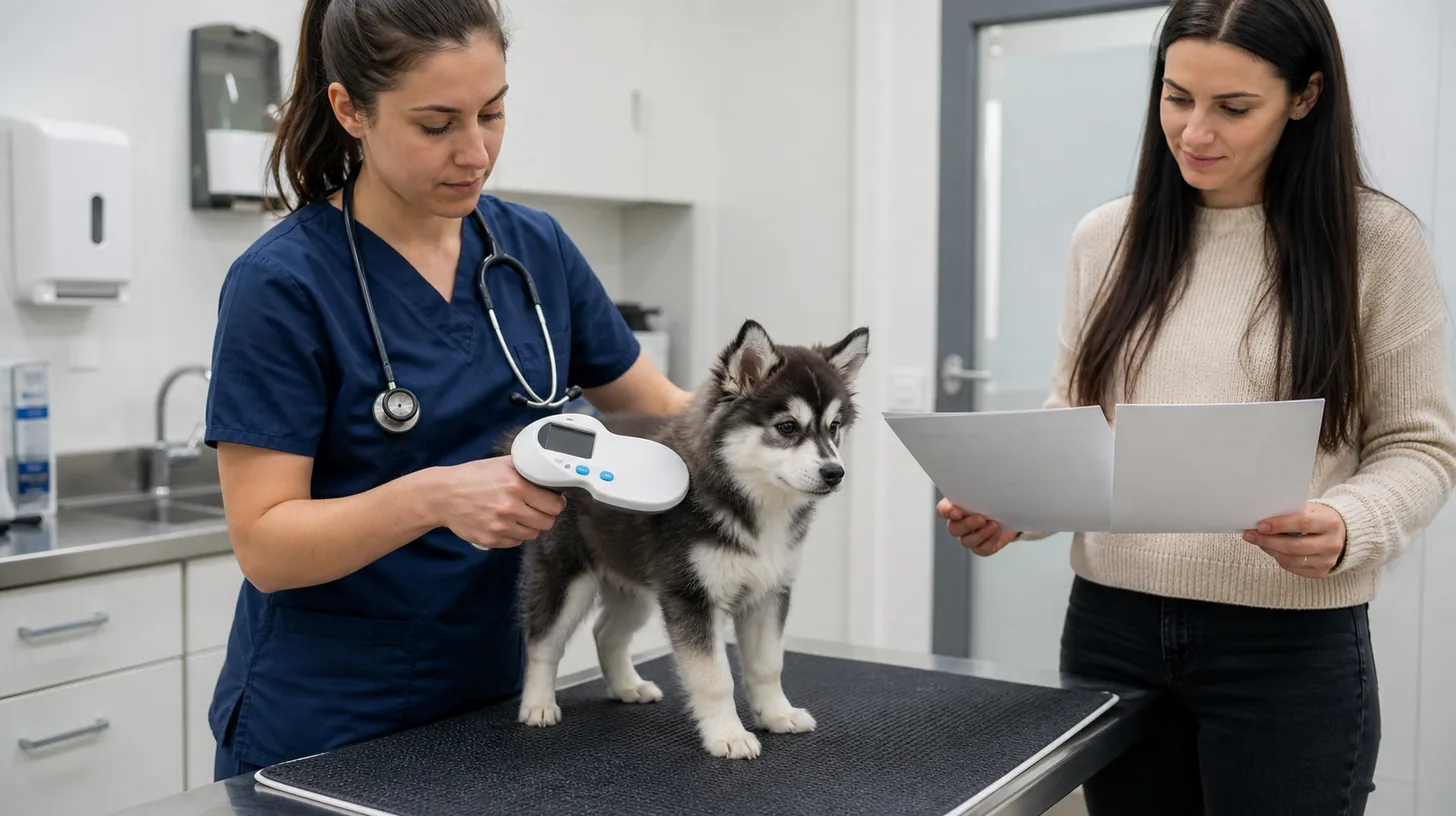 Veterinary professional scans a calm Pomsky puppy while a buyer reviews blank transfer records
