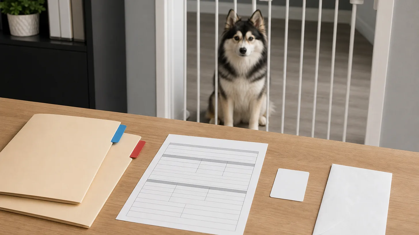 Blank transfer records, version folders, a scan card and envelope are reviewed away from a gated Pomsky