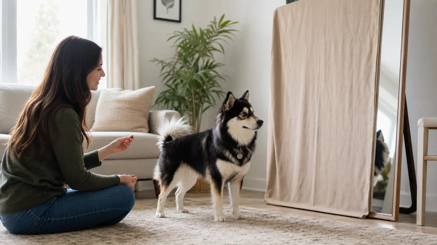 Relaxed Pomsky observing a partially covered mirror from a comfortable distance