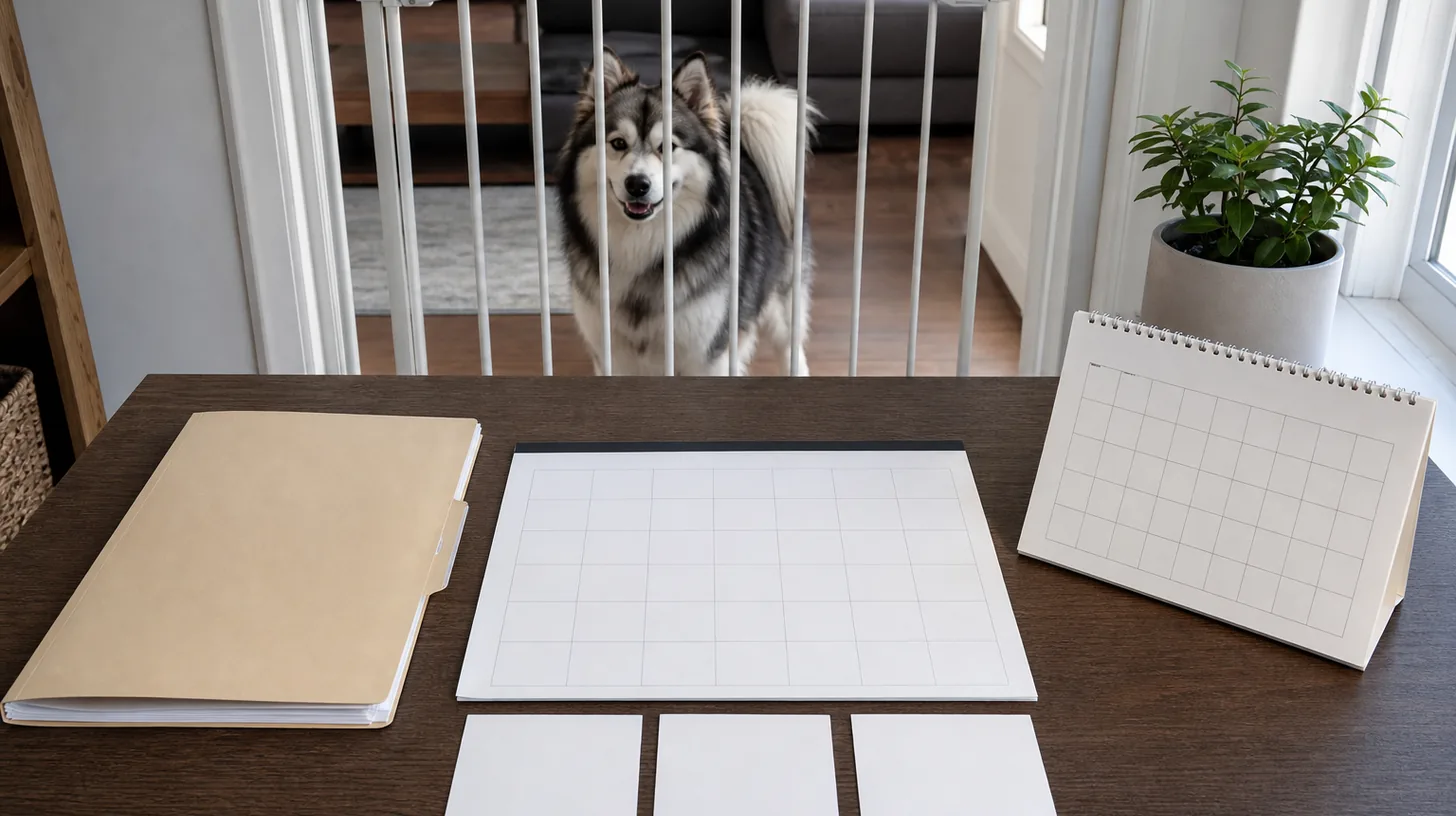 Blank monthly care grid, exception cards, archive folder and next-month desk calendar