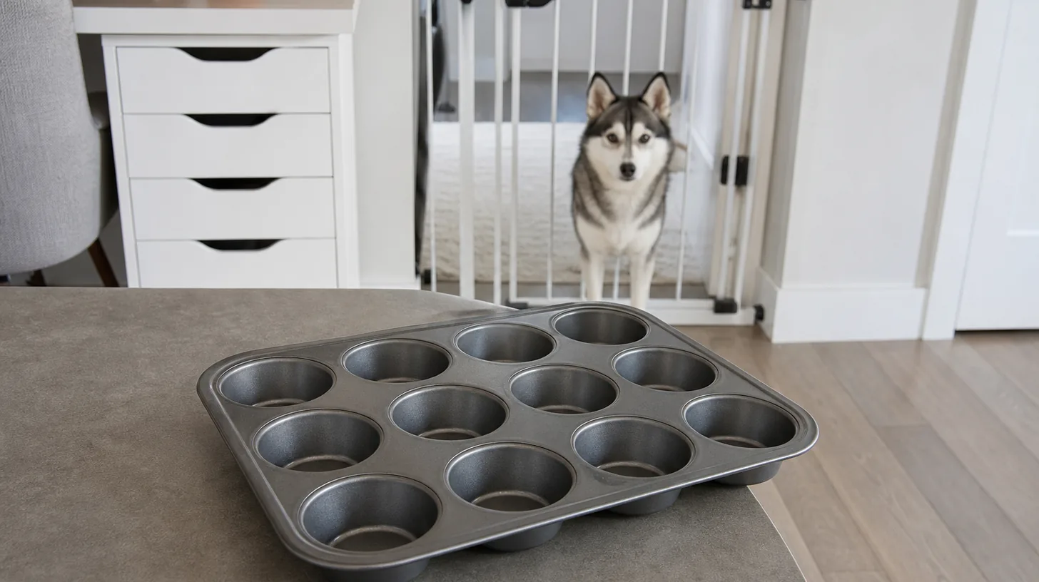 Clean empty muffin tin with all wells, rim and underside visible while a Pomsky waits behind a gate
