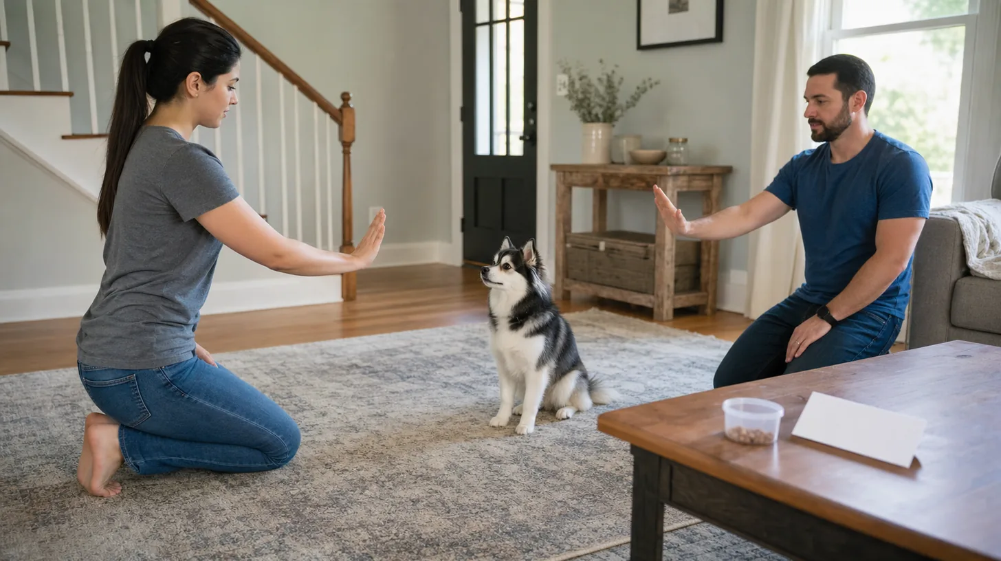 Two caregivers using the same calm hand cue with a seated Pomsky