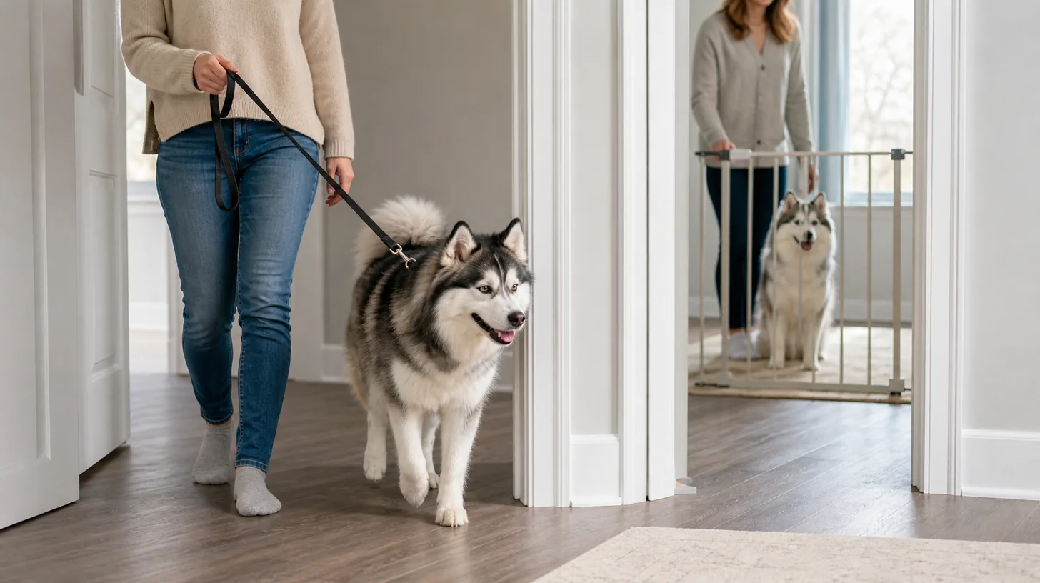 Pomsky moving through a clear doorway while another dog waits behind a separate secure gate