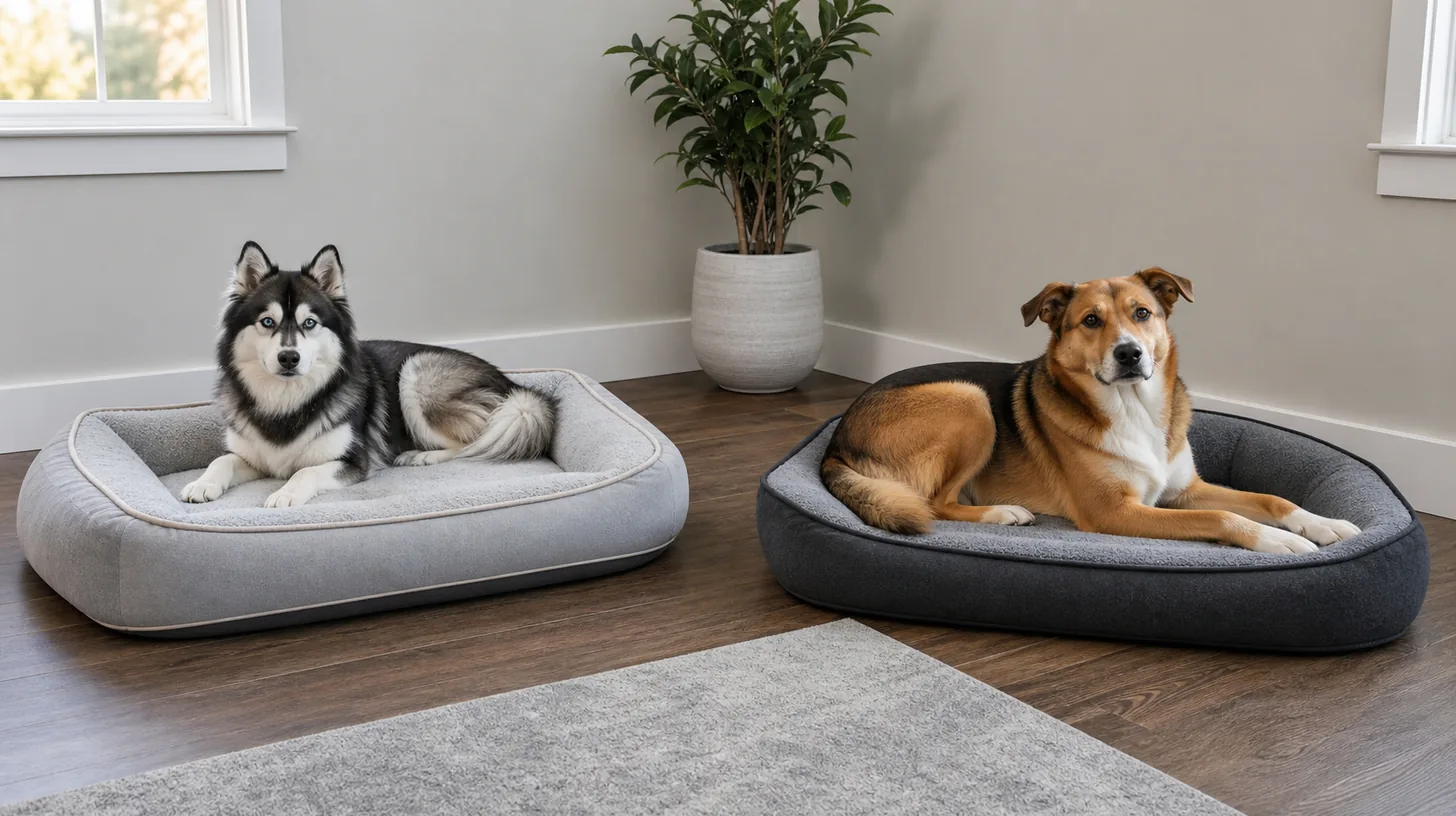 Pomsky and another dog rest on separate beds with clear open routes