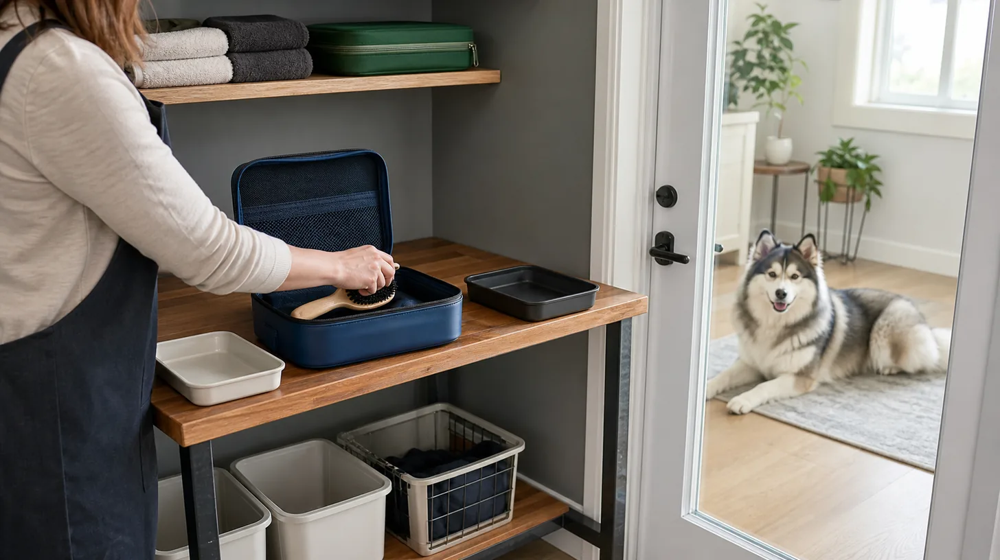An adult stores a clean brush while a Pomsky waits behind a closed glass door