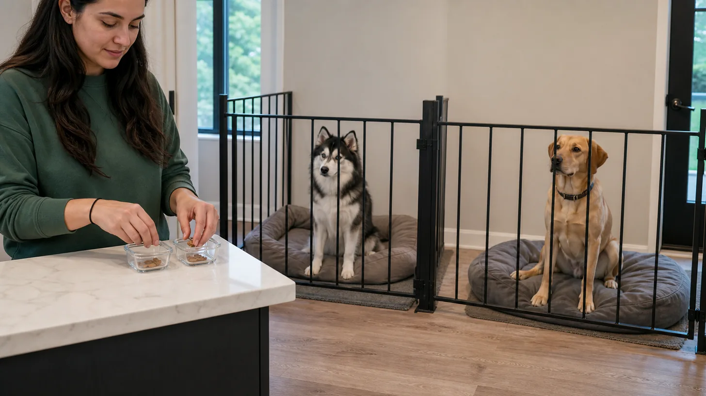Caregiver prepares separate small rewards while two dogs wait in divided zones