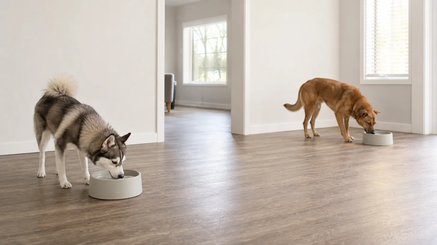 Pomsky and another dog drinking from separate widely spaced water stations with clear routes