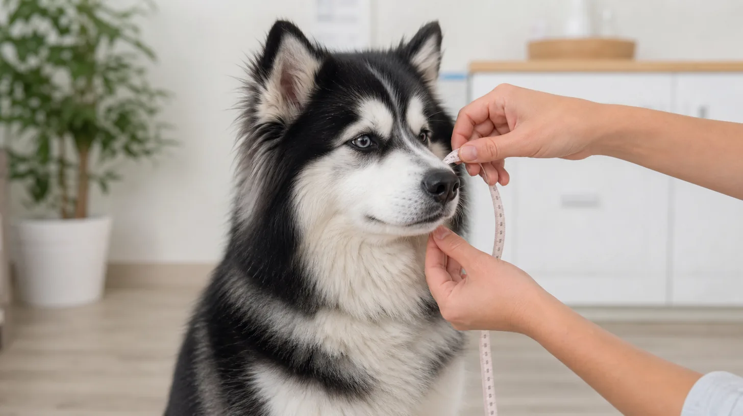A caregiver holds a soft tape loosely at the muzzle landmark of a calm Pomsky