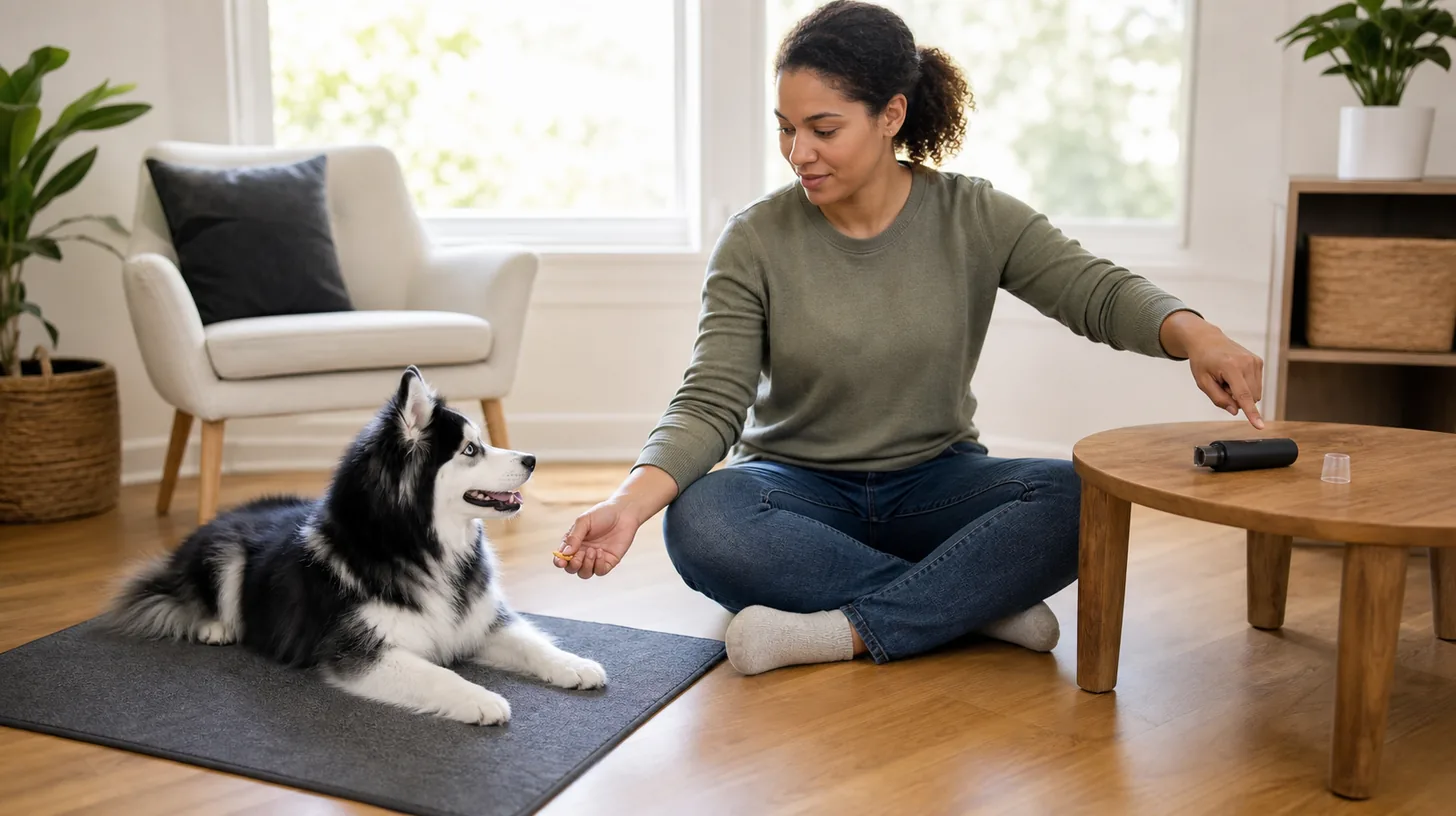Pomsky rests at a comfortable distance while a caregiver rewards looking at a switched-off nail grinder