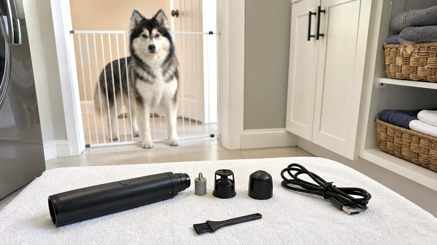 A disconnected nail grinder, bit, guard, cap and cord are inspected while a Pomsky waits behind a gate