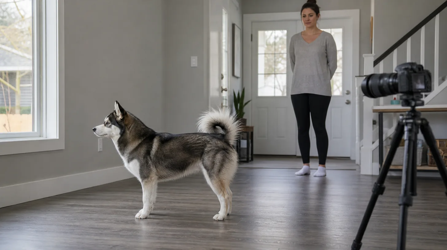An unposed Pomsky stands naturally while a camera records a full side view