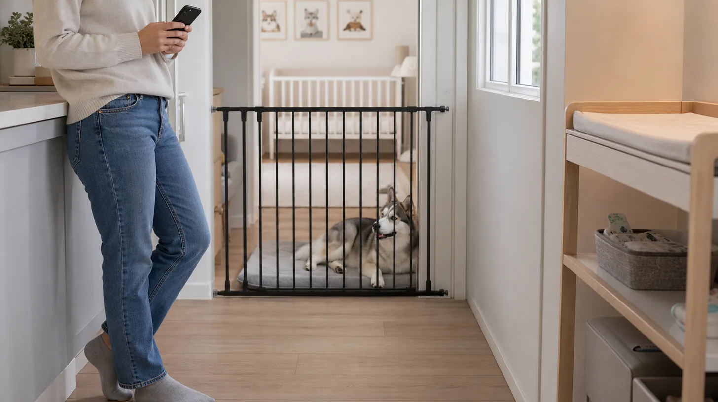 A relaxed Pomsky rests behind a secure gate while an adult uses a phone near an empty baby area