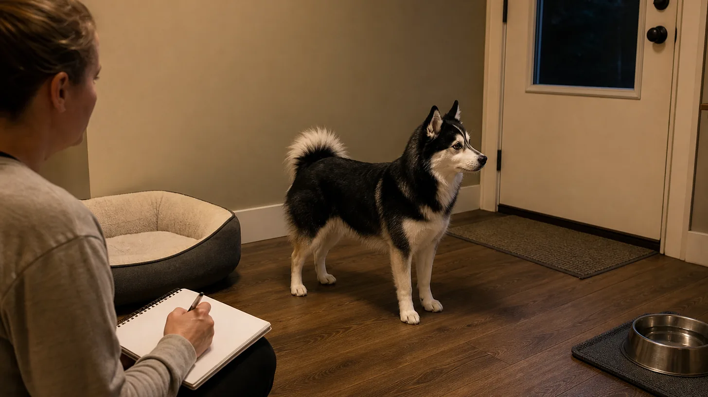 A Pomsky stands on a clear nighttime route while a caregiver records an observation