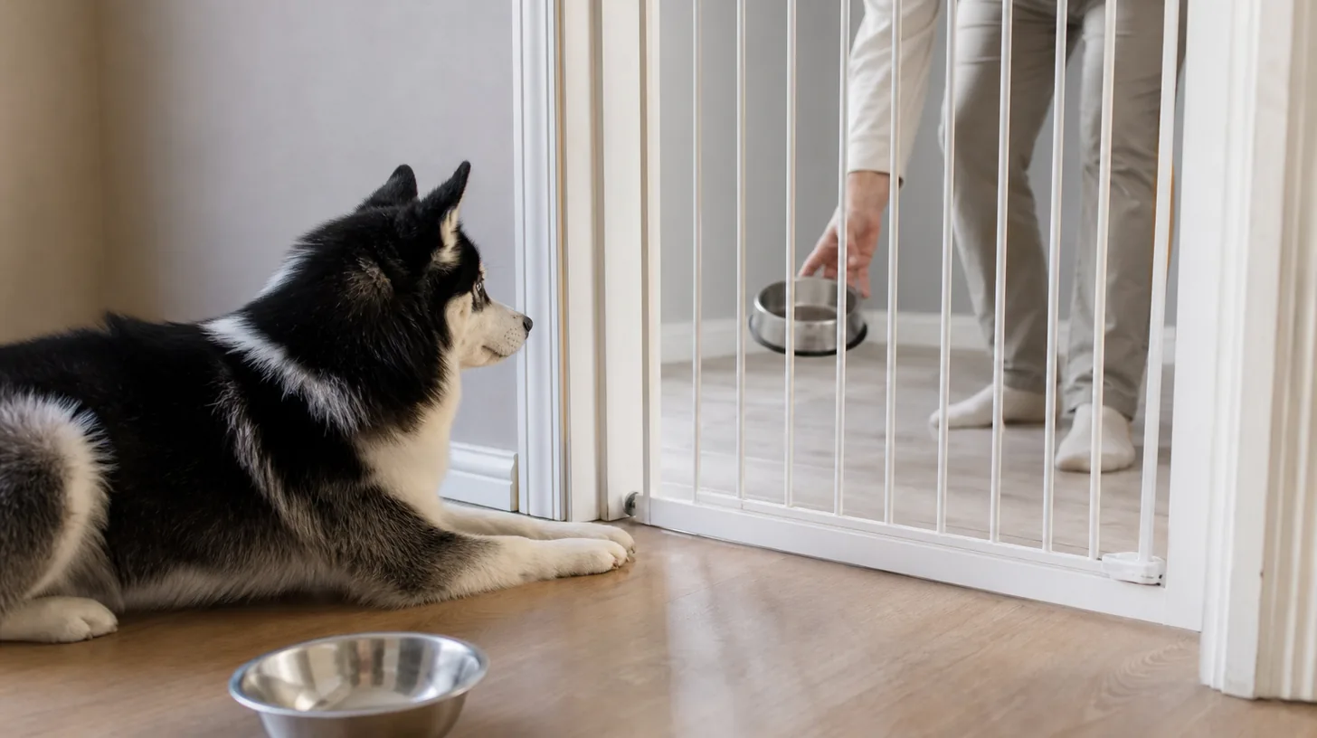 A Pomsky waits behind a gate while a second pet bowl is removed from a separate room