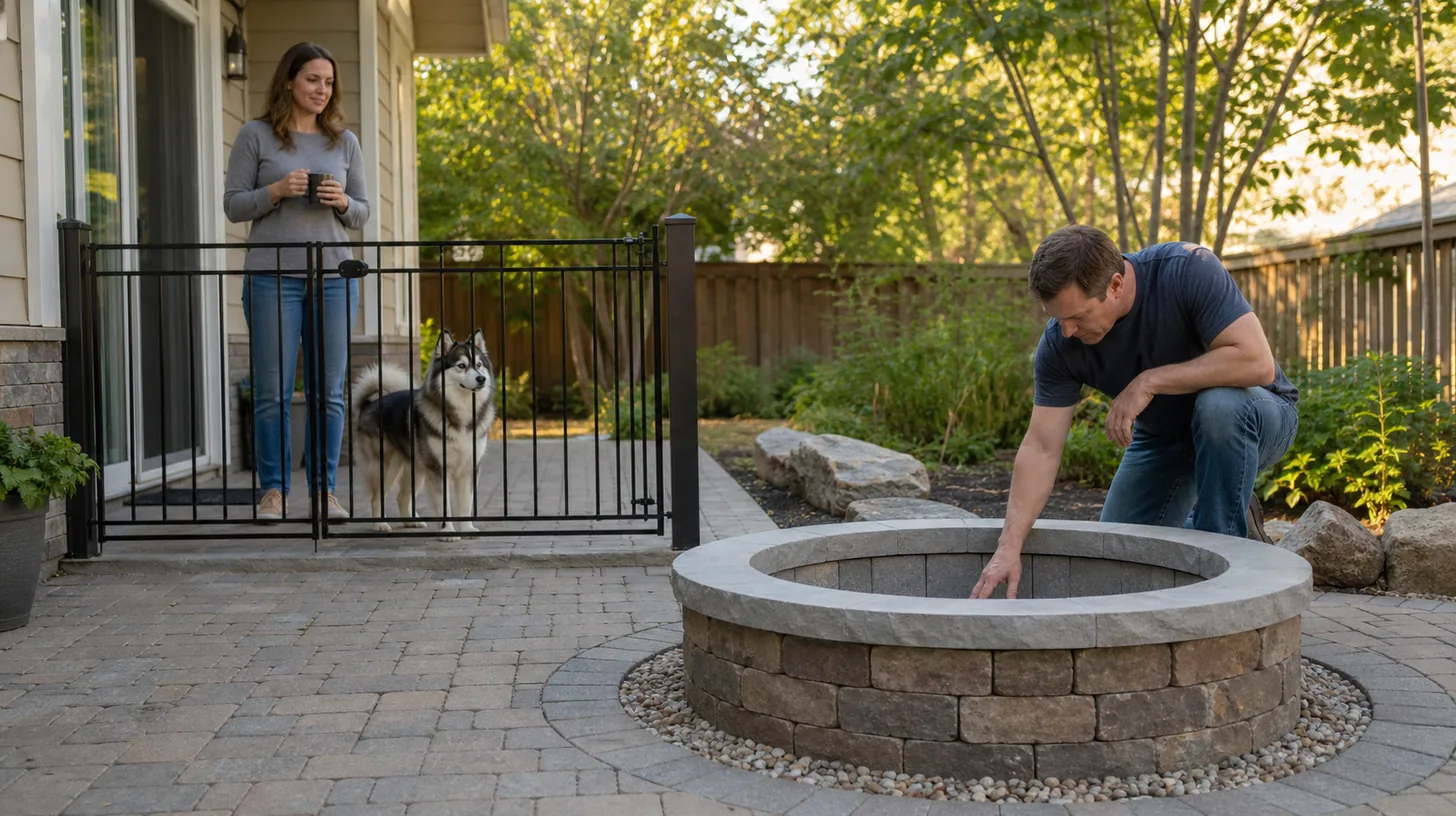 A Pomsky and caregiver wait behind a gate while a cold fire pit is inspected