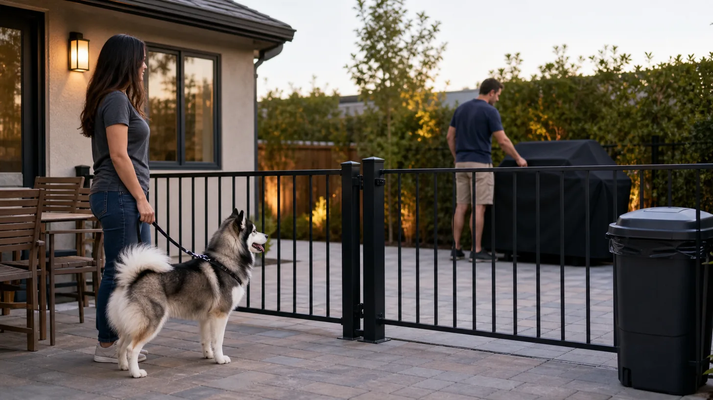 Leashed Pomsky and caregiver behind a closed patio barrier while a plain grill cools at a distance