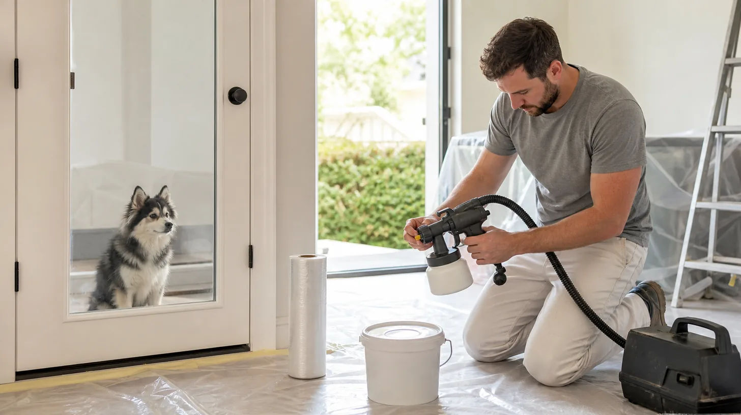 Pomsky behind a closed door while a caregiver checks an inactive paint sprayer in a ventilated work zone
