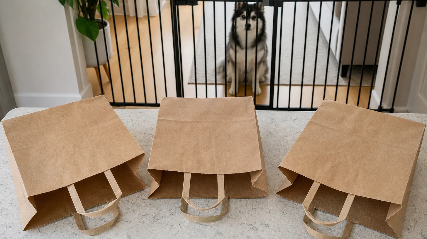 Three plain empty paper bags with handles, side seams and folded bases visible