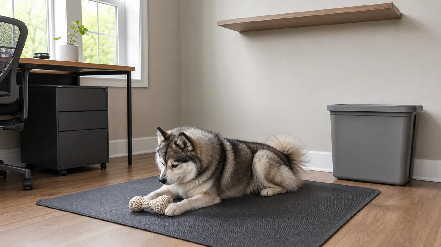 Pomsky rests with an intact toy beside blank closed storage