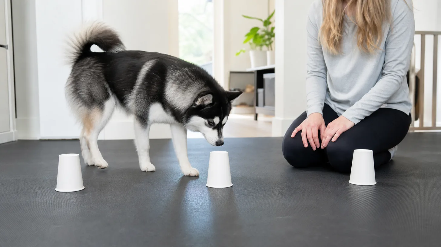 Pomsky sniffing three intact plain paper cups on a clear nonslip floor