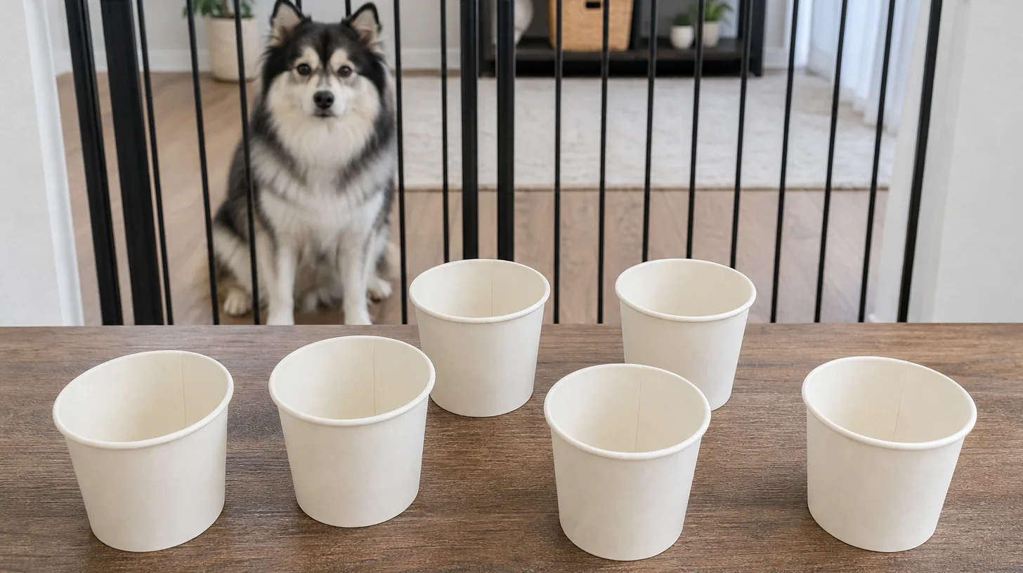 Six plain empty paper cups with rims, side walls and bases visible while a Pomsky waits behind a gate
