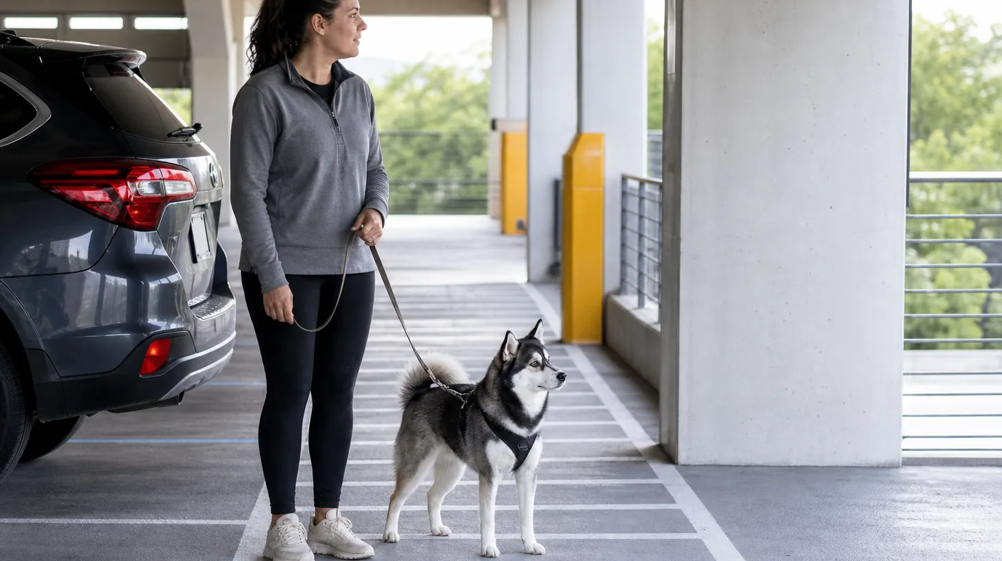 Leashed Pomsky and caregiver paused in a marked pedestrian area beside a parked car