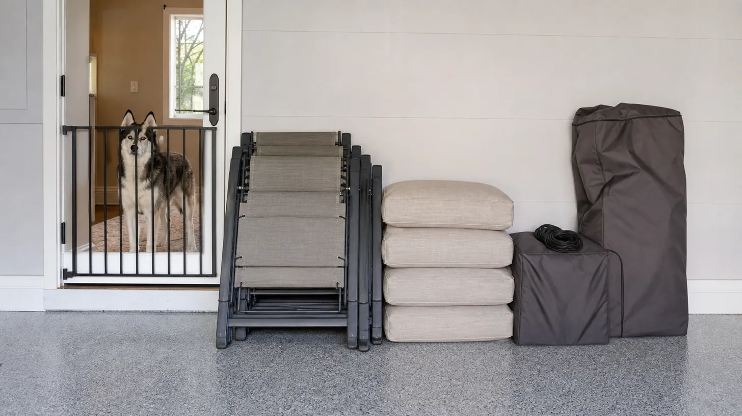 Folded patio chairs, cushions and covers are stored away from a gated Pomsky