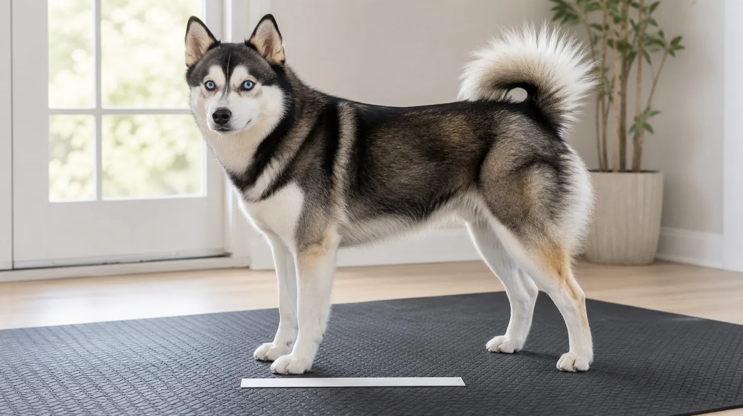 A calm Pomsky stands square with a blank measuring strip flat beside one front paw