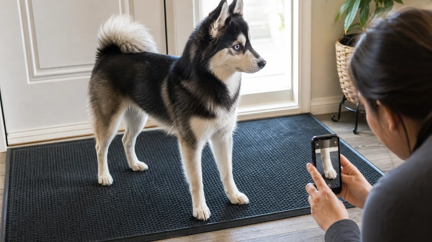 A Pomsky stands with all paws visible while a caregiver photographs one paw from a distance