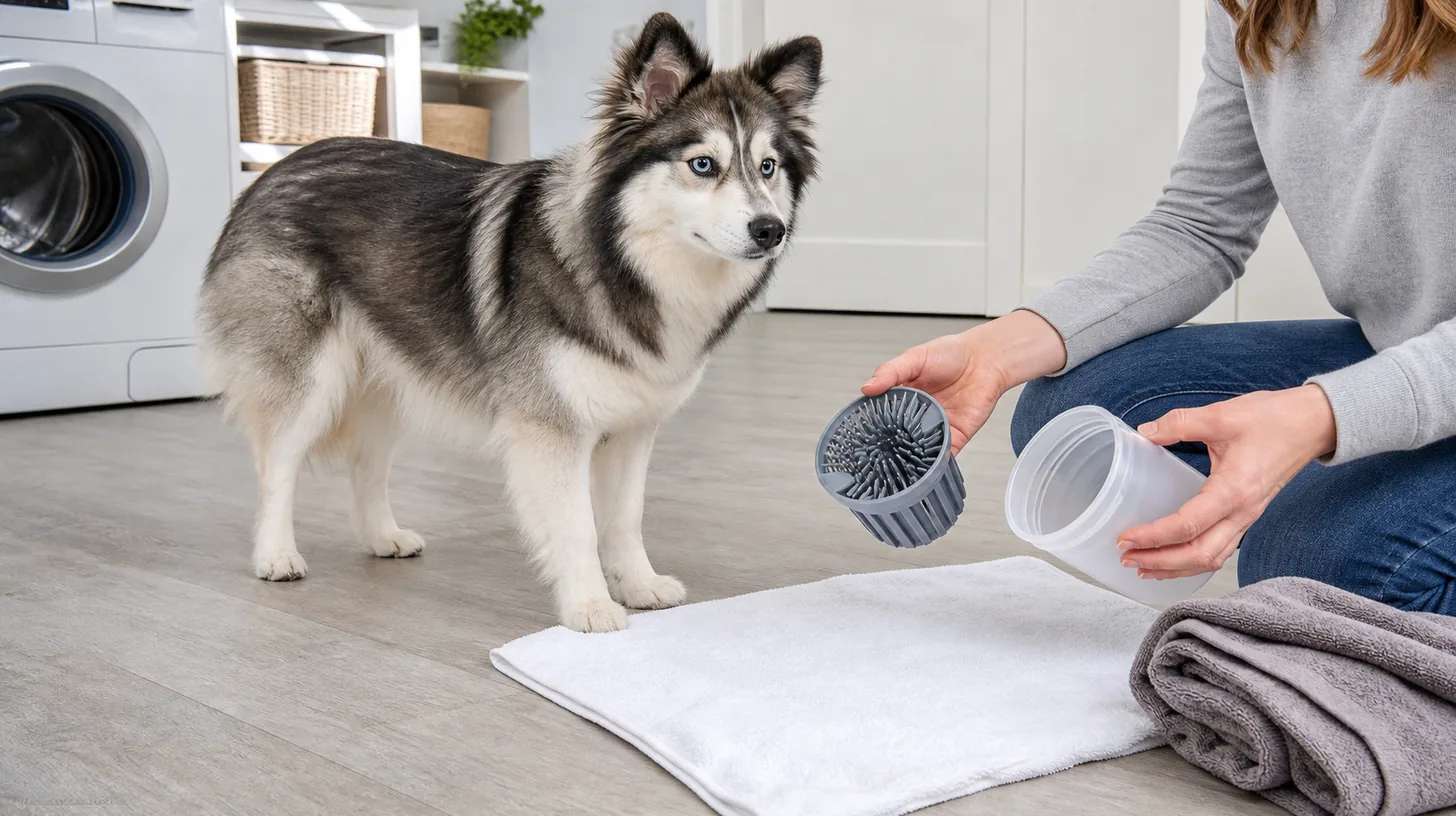 An adult inspects a disassembled paw-washer cup beside a standing Pomsky