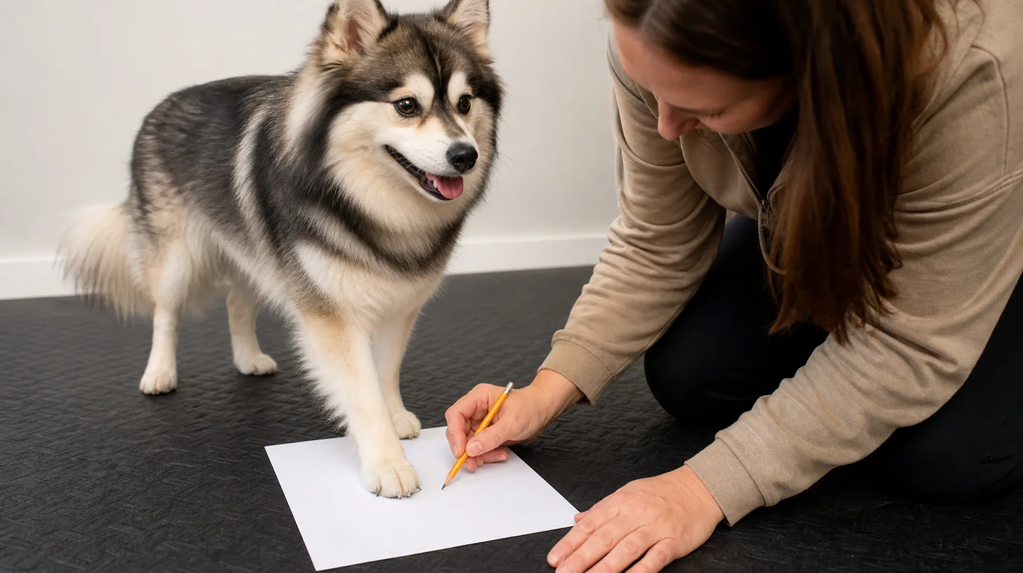 Caregiver marks the width of a Pomsky weight-bearing paw on paper