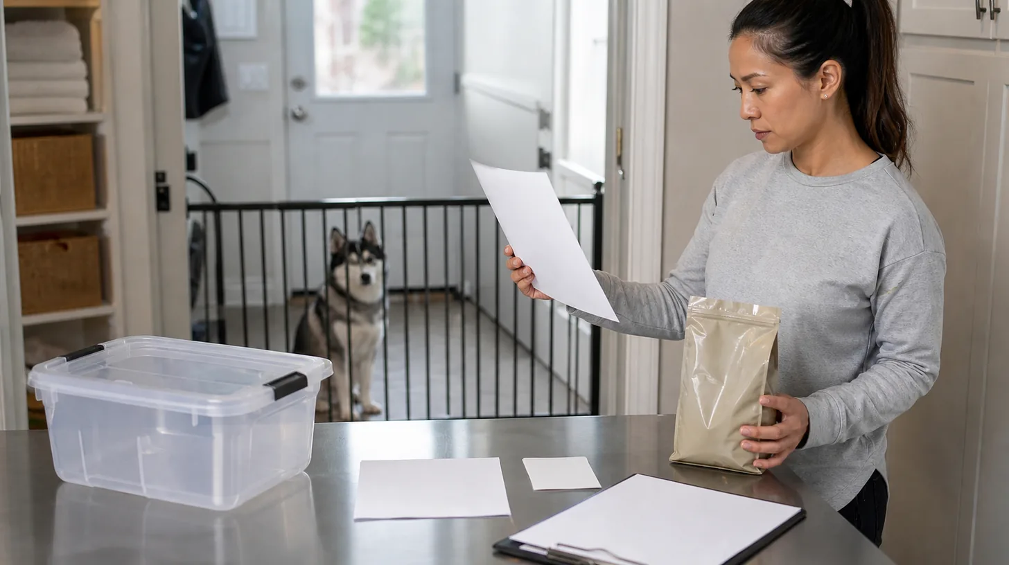 Caregiver compares a blank recall notice with an unbranded food package and quarantine bin while a Pomsky waits behind a gate