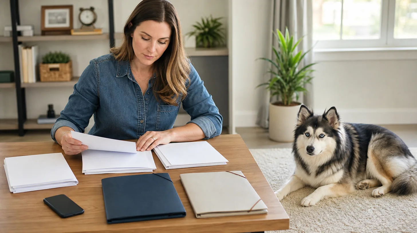 A caregiver organizes blank source documents and closed folders beside a resting Pomsky