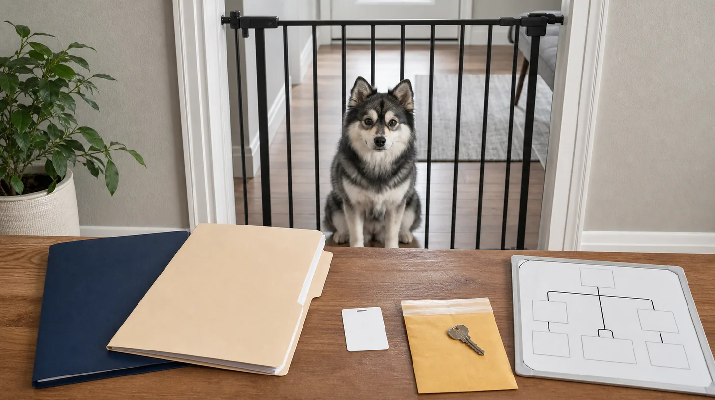 Pomsky waits behind a gate beside two household folders blank access card sealed key envelope and contact board