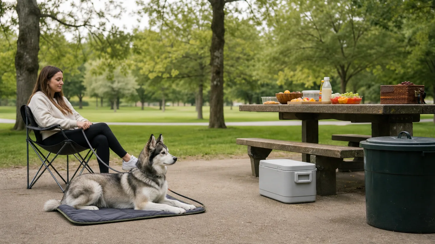 Leashed Pomsky resting on a mat away from elevated picnic food, a closed cooler and closed waste bin